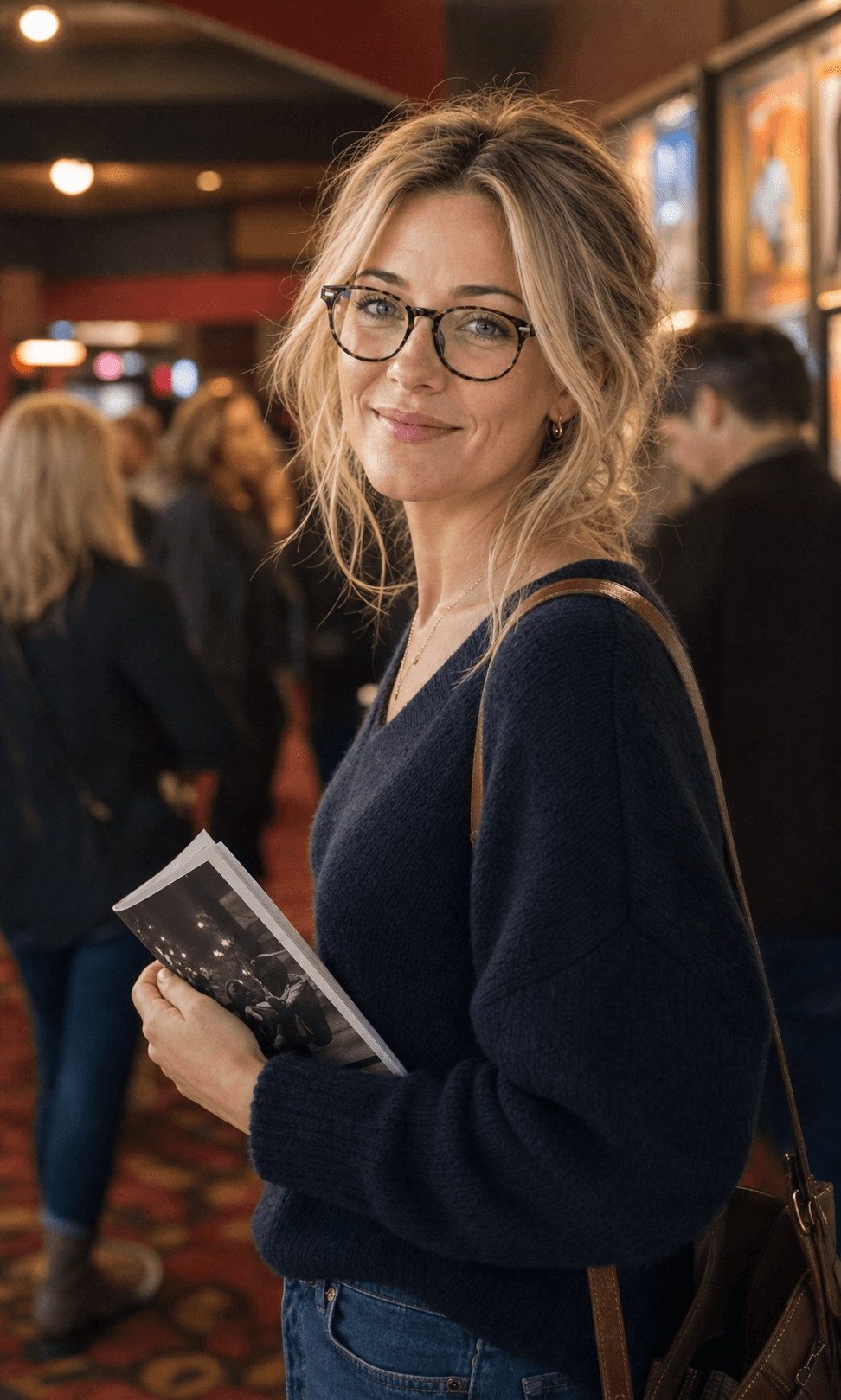Emily smiling in a cinema lobby, holding a film ticket