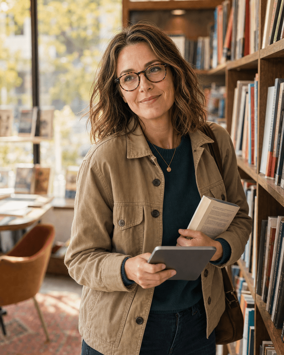 A person holding a tablet in a welcoming library setting