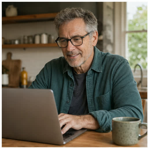 Dave checks a laptop and phone at home.