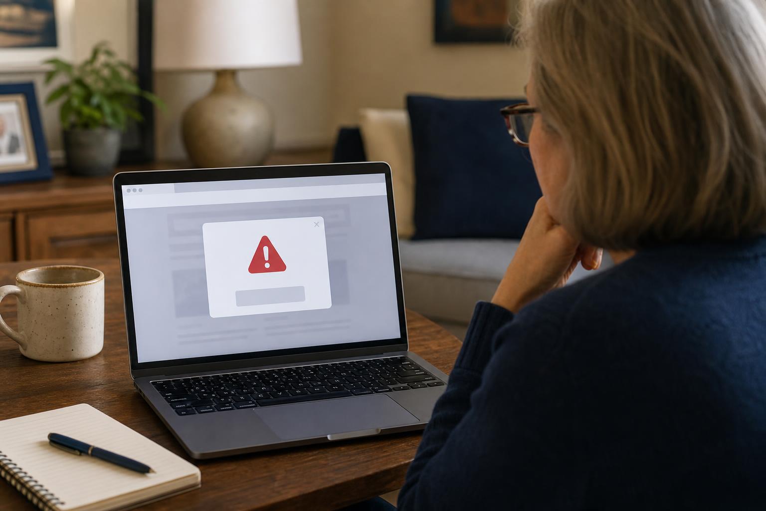 Laptop with a fake virus pop-up in a home setting