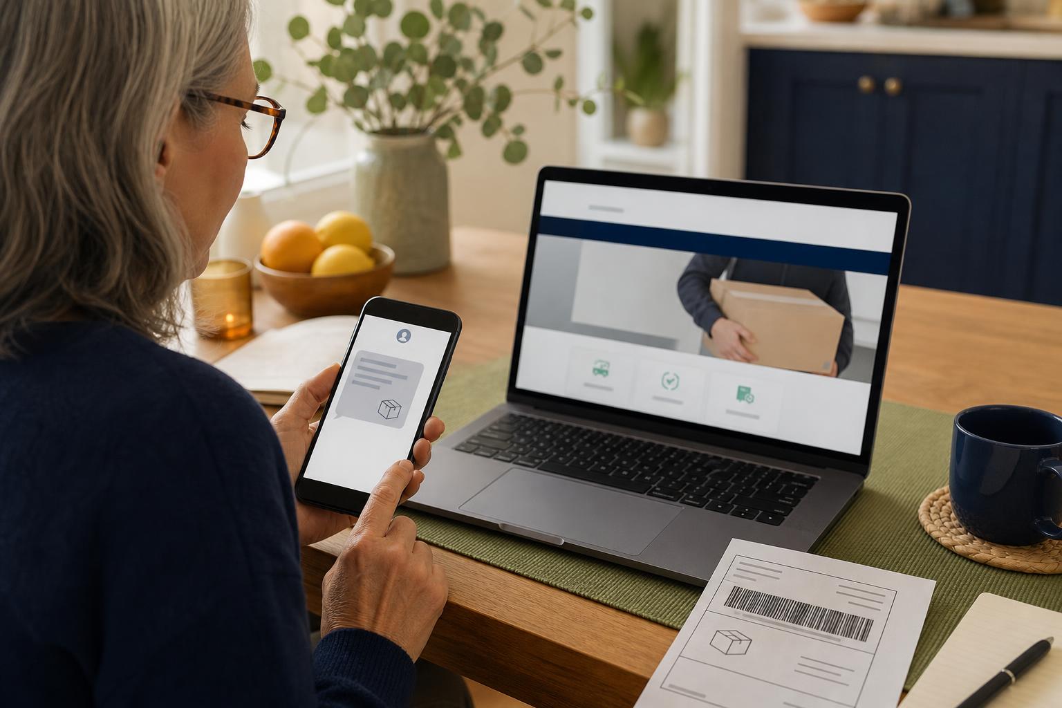 Phone with delivery text next to laptop on table