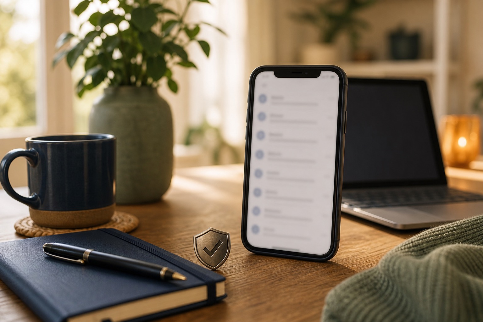 Phone on kitchen counter with inbox blurred, coffee mug nearby